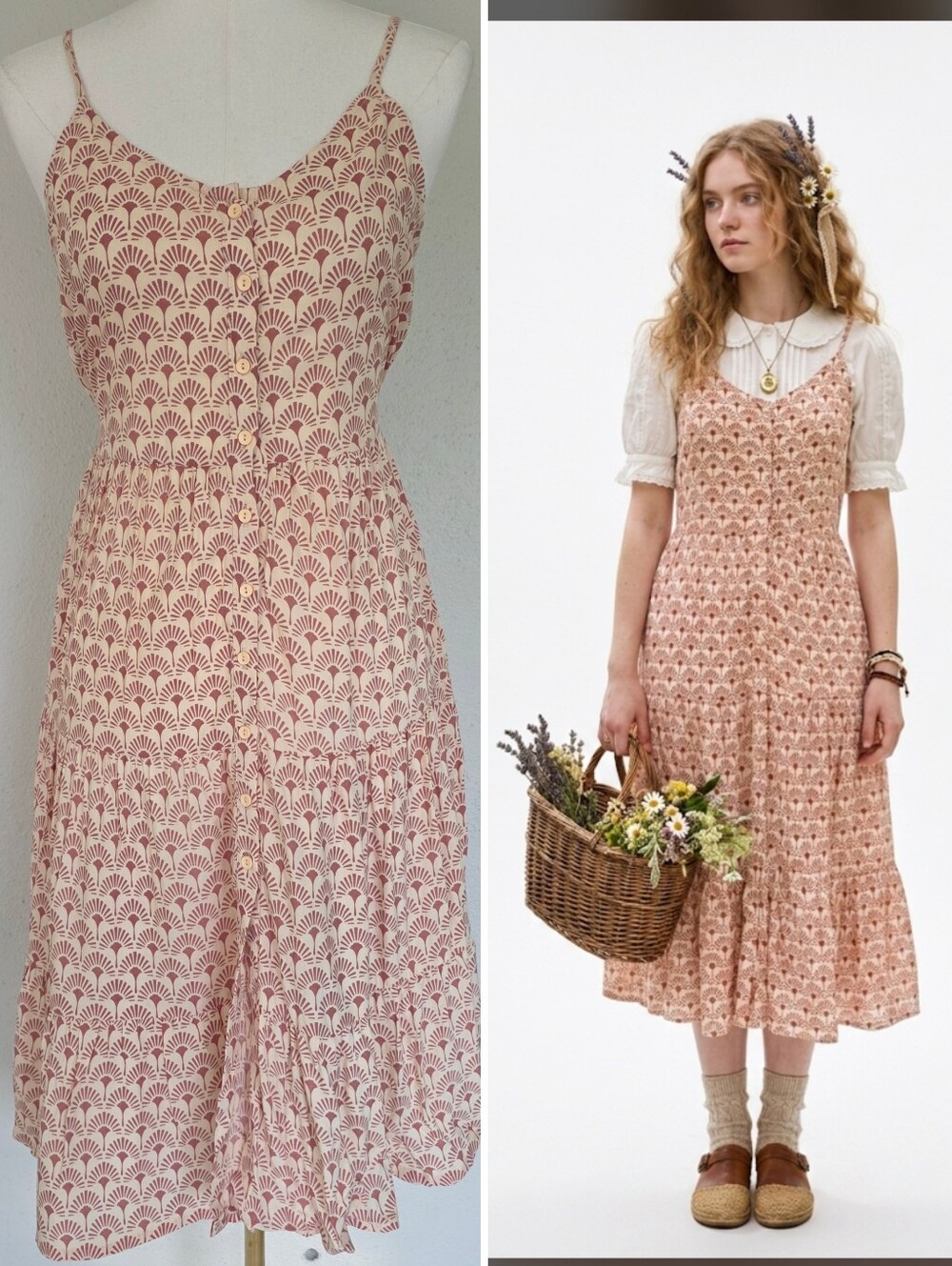Patrons of Peace Cottagecore Fan Print Button Front Tiered Midi Dress S